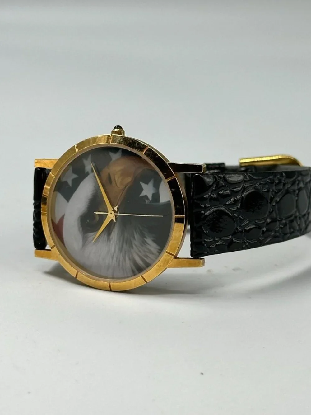 Bald Eagle Watch Men Gold Tone American Flag Black Leather Band New Battery 9.5